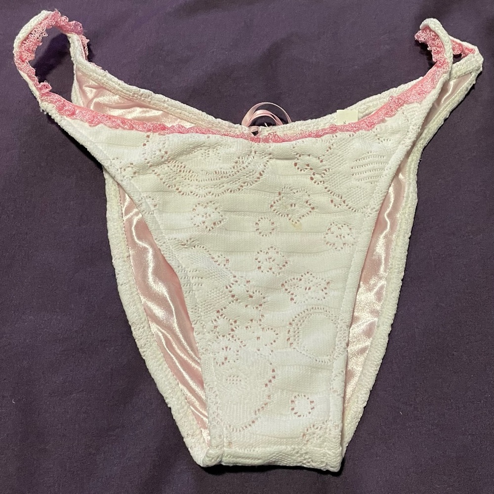 Beach Bunny Swimwear White with Floral Pattern and Pink Detail Bikini Bottoms